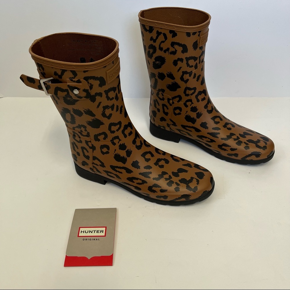 NWOB Hunter Original Leopard Print Refined Short Rain Boot Rubber Brown Black